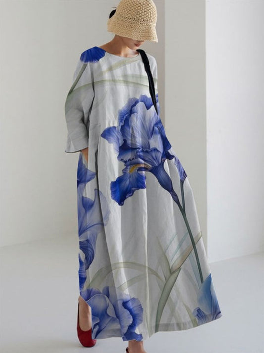 Printed V-Neck Elegant Chic Loose Long Sleeve Maxi Dress