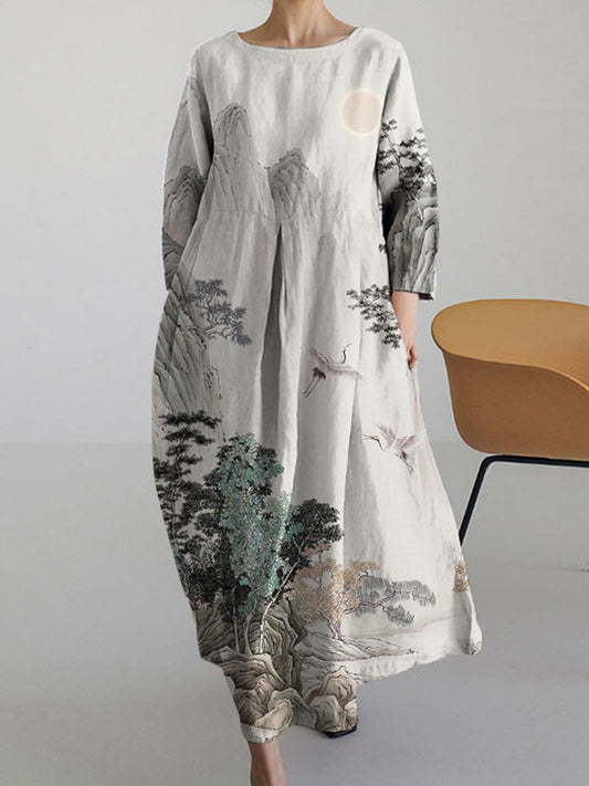 Printed V-Neck Elegant Chic Loose Long Sleeve Maxi Dress