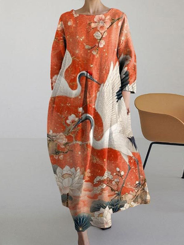 Women's Japanese Art Crane Print Round Neck Casual Dresses