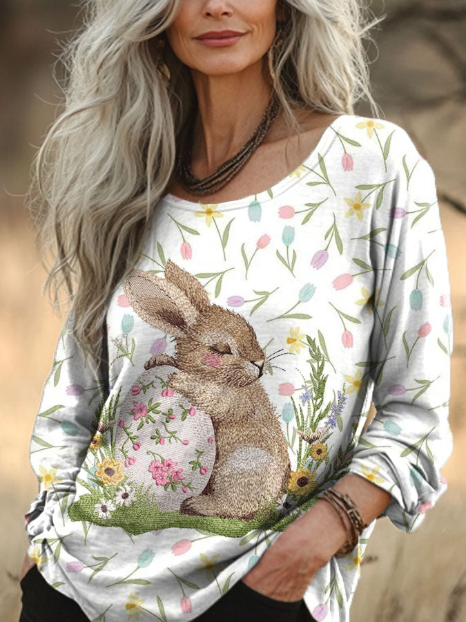 Women's Easter Floral Bunny Art Printed Top