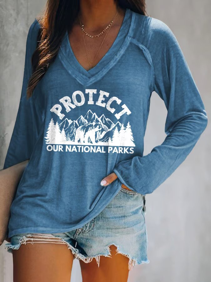 Women's Protect Our National Parks Print V=Neck Long-Sleeve Top