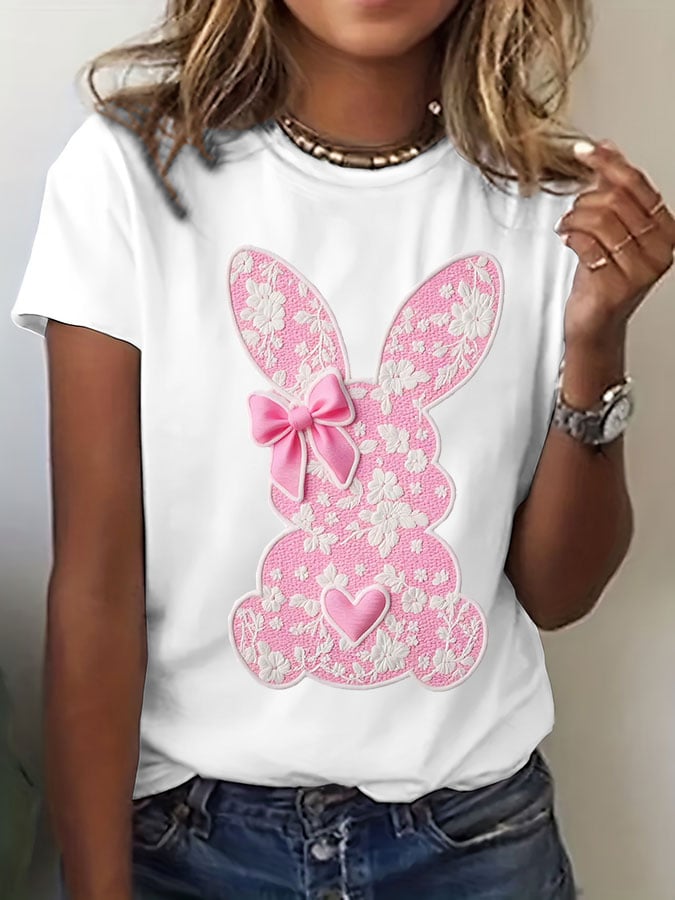 Women's Easter Cute Bunny Print Short Sleeve T-Shirt