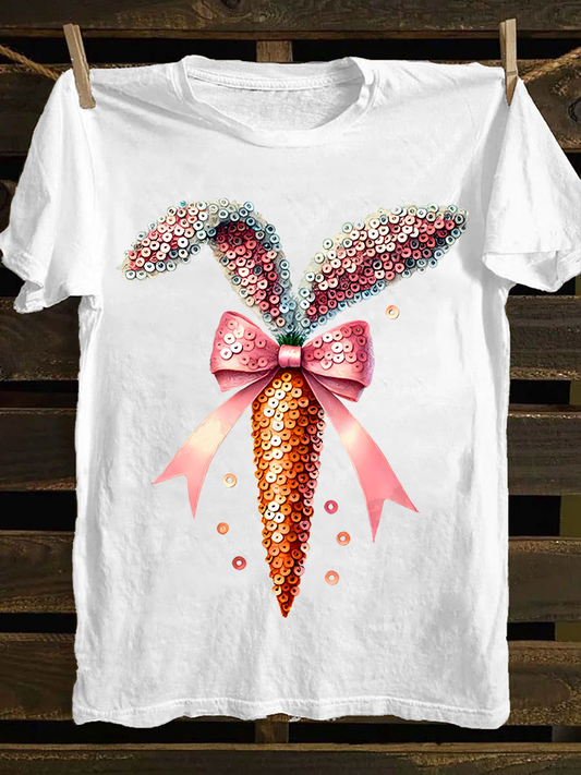 Women's Easter Carrot Bunny Print Crew Neck T-Shirt