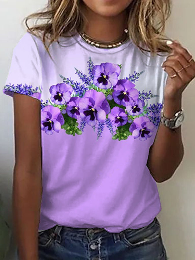 Alzheimer's Disease Awareness Printed O-Neck Purple Flower Printed T-shirt