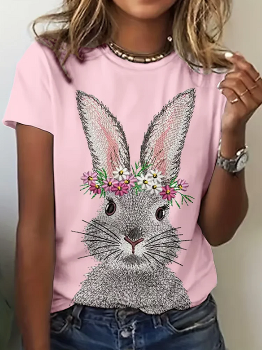 Women's Easter Bunny Print Crew Neck T-shirt