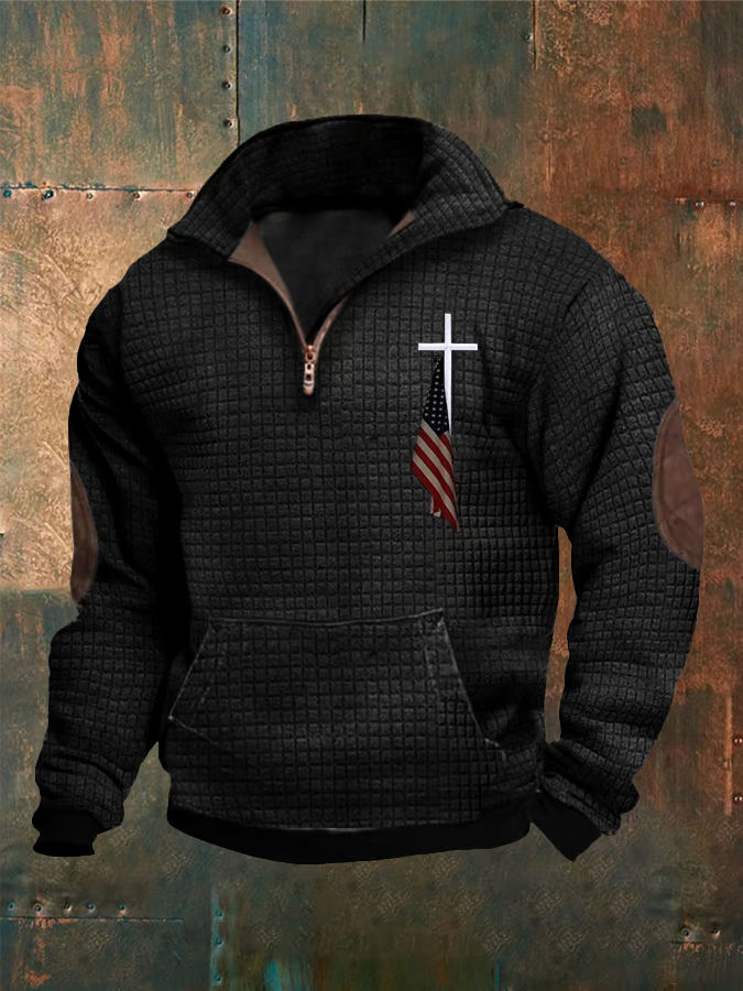 Men's Casual Zip Neck Waffle Faith Print Sweatshirt