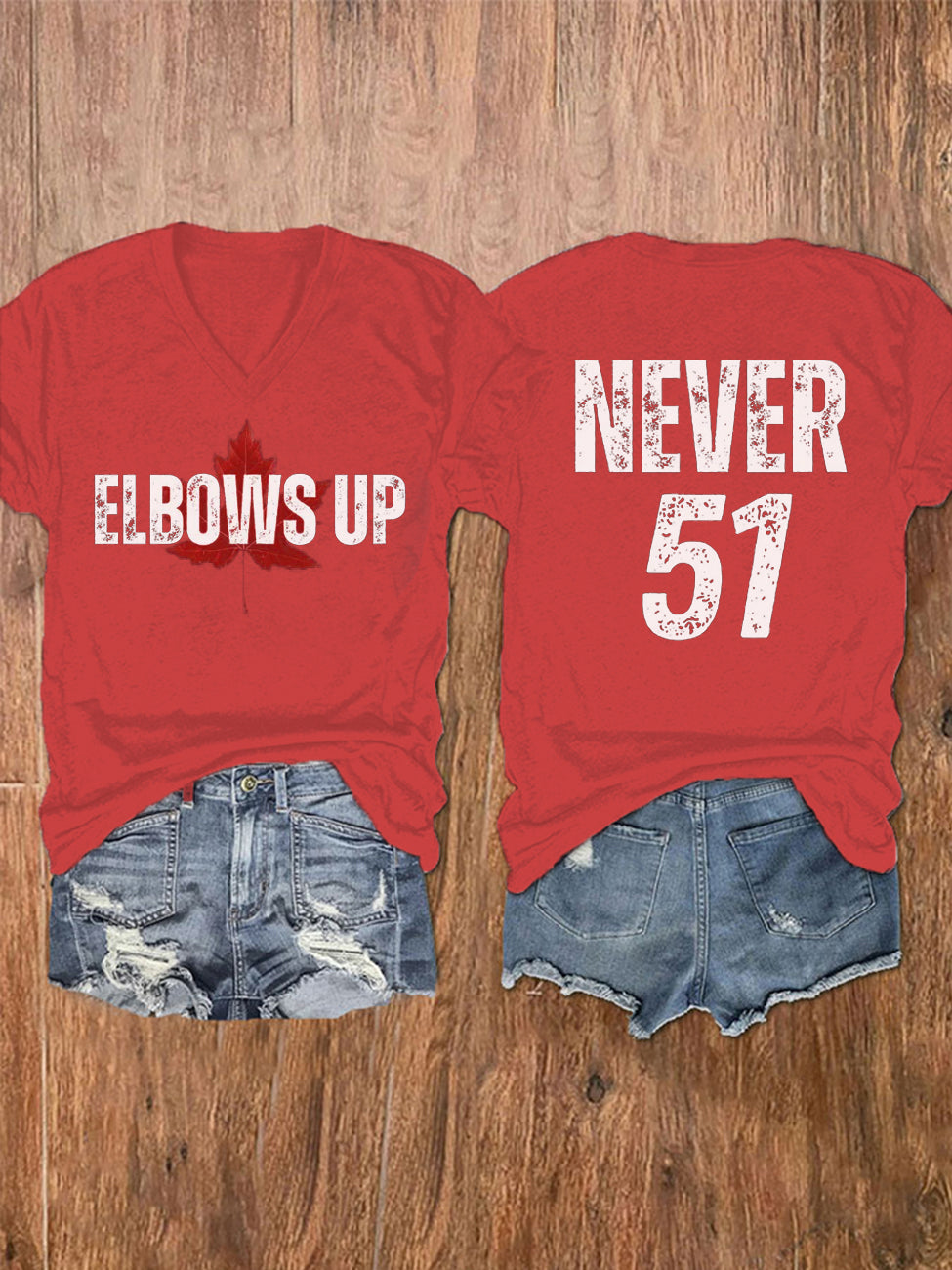 Women's Elbows Up Never 51 Printed V-Neck Shirt