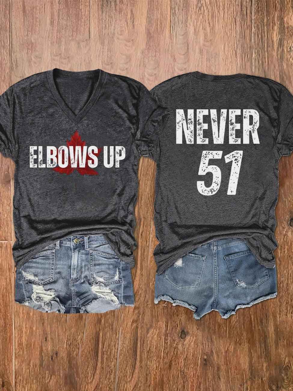 Women's Elbows Up Never 51 Printed V-Neck Shirt