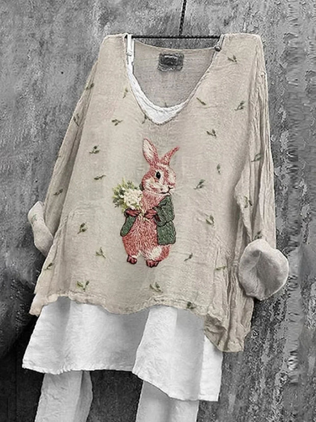 Women's Cute Bunny Embroidery Pattern Comfortable Linen Shirt