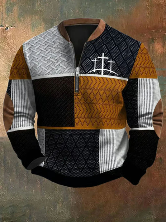 Men's Retro Western Textured Faith Cross Print Zipper Neck Sweatshirt