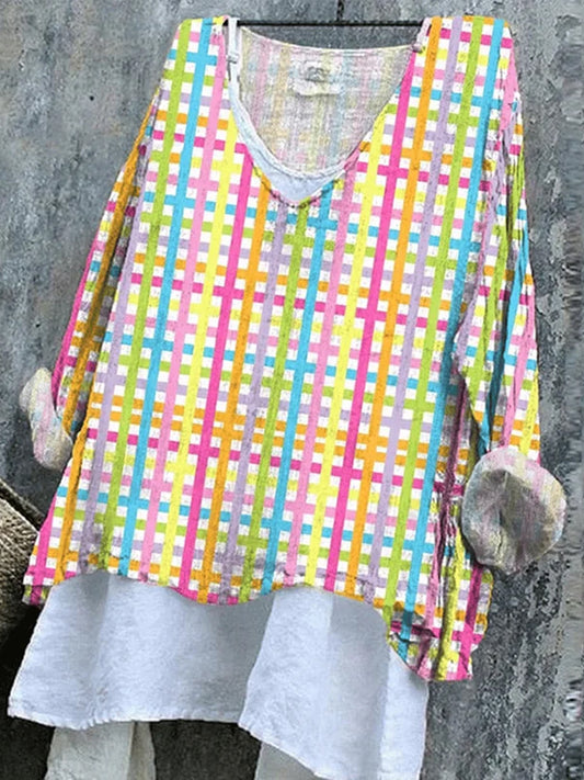 Women's Easter Vintage Colorful Plaid Print Casual Linen V Neck Long Sleeve Shirt