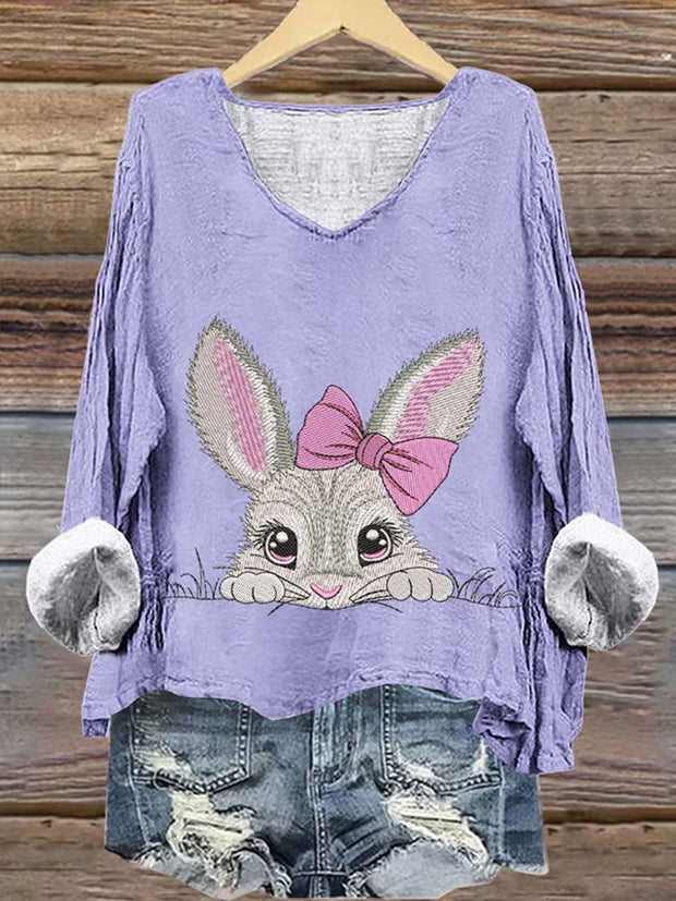 Women's Easter Bunny Print Casual Linen V Neck Long Sleeve Shirt