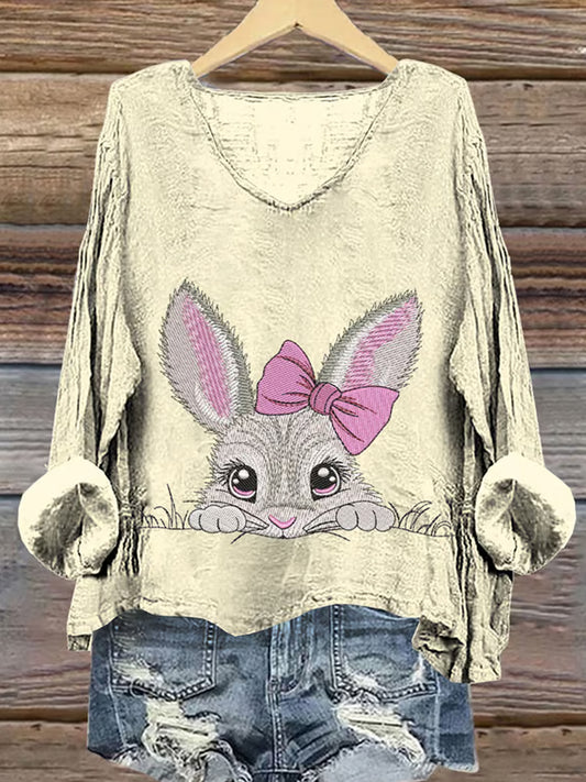 Women's Easter Bunny Print Casual Linen V Neck Long Sleeve Shirt