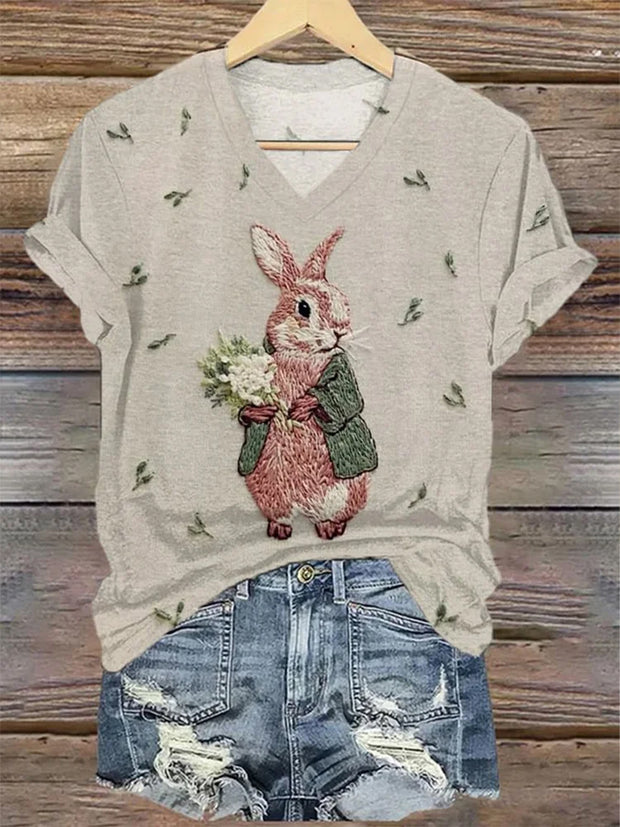 Women's Easter Bunny Print Casual Linen V Neck T-shirt