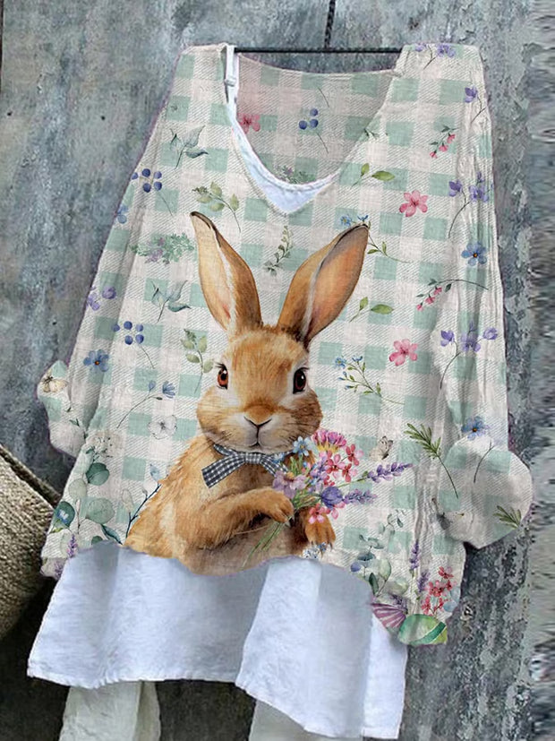 Women's Easter Bunny Plaid Print Casual Linen V Neck Long Sleeve Shirt