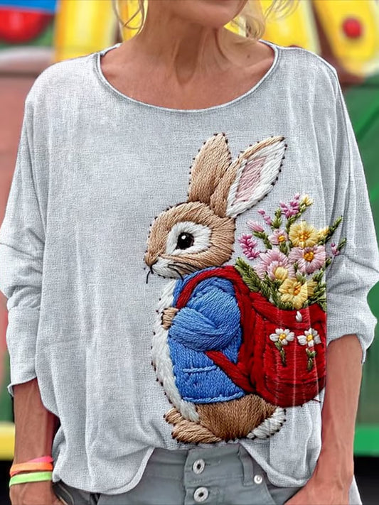 Women's Easter Bunny  Print Casual Linen O- Neck Long Sleeve T-shirt