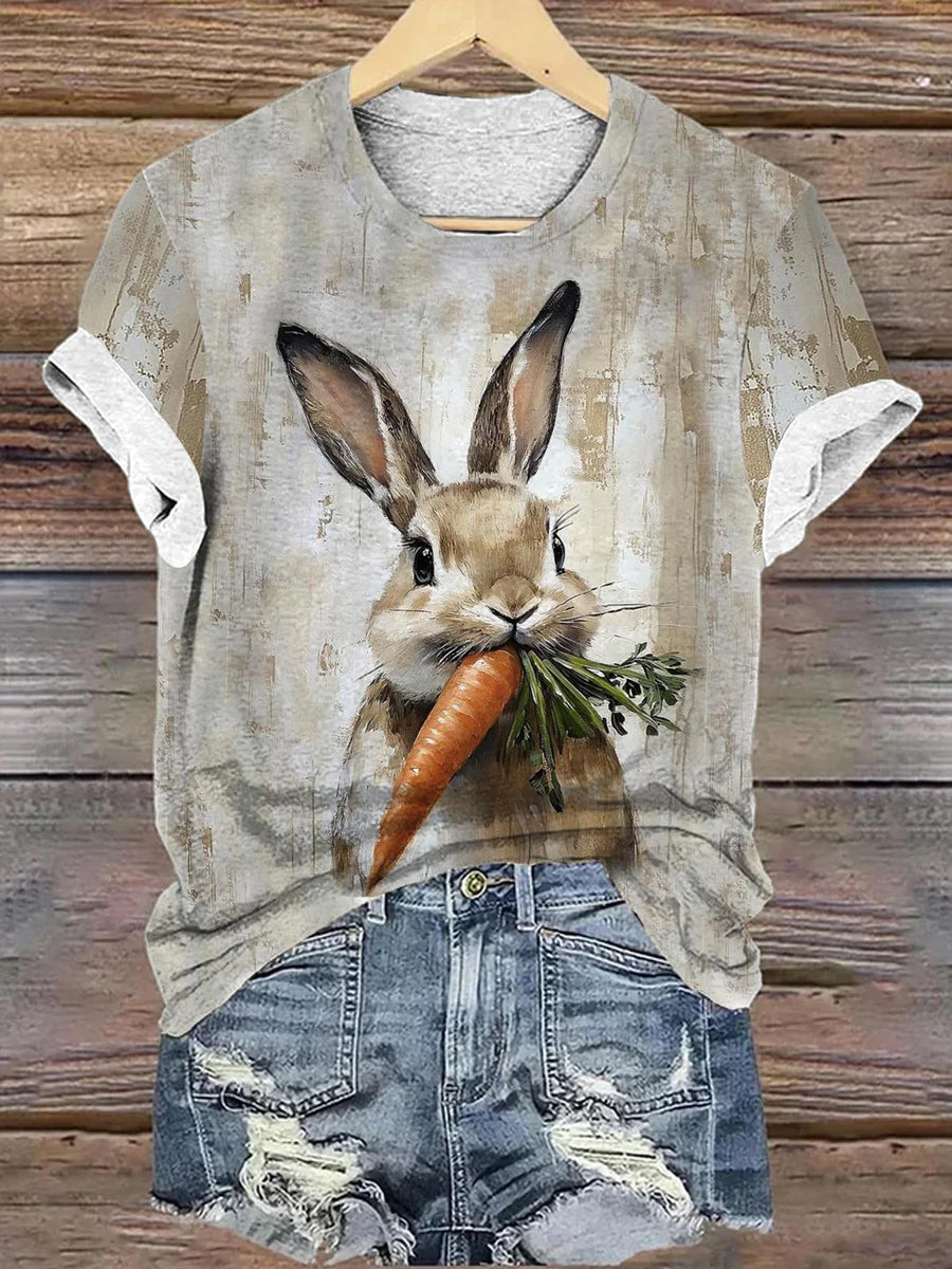 Women's Easter Vintage Bunny Print Casual Linen O-Neck T-shirt