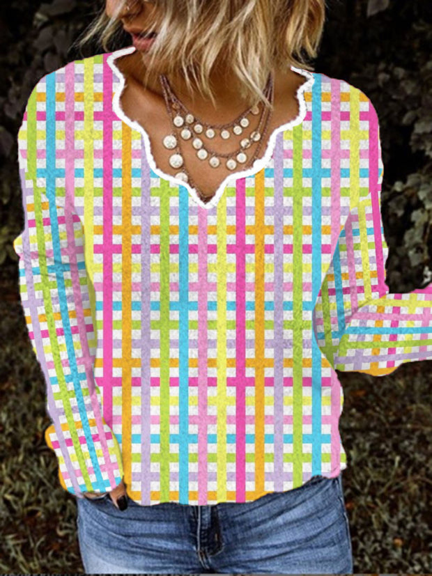 Women's Easter Vintage Colorful Plaid Print Casual Long Sleeve Top