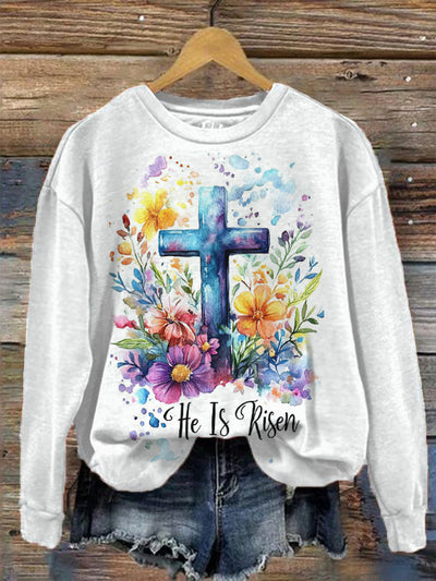 Women's Easter He Is Risen Print Crew Neck Sweatshirt