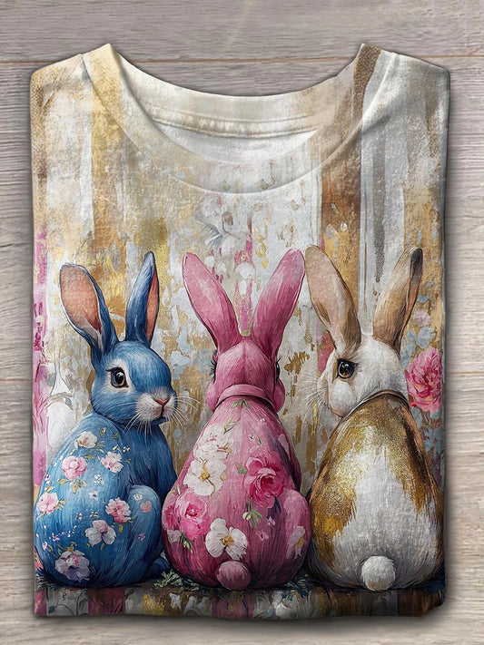 Women's Easter Bunny Print O-Neck Short Sleeve T-Shirt