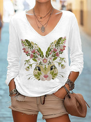 Women's Easter Bunny Print Long Sleeve V-Neck  Long Sleeve T-Shirt