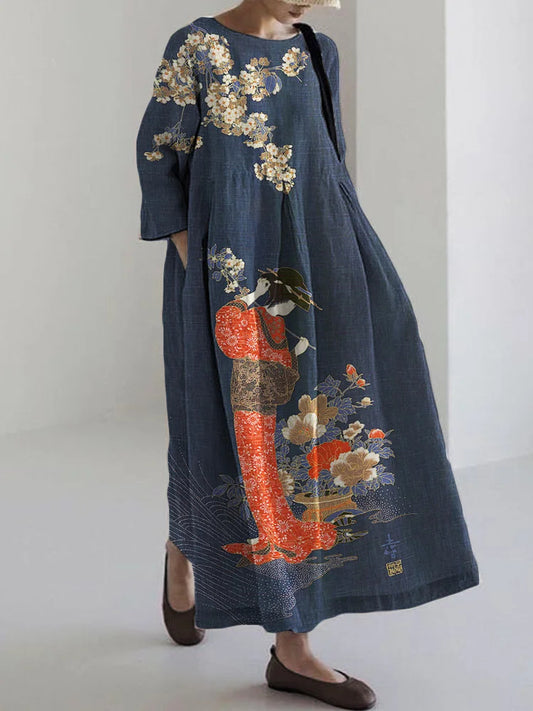 Printed V-Neck Elegant Chic Loose Long Sleeve Maxi Dress