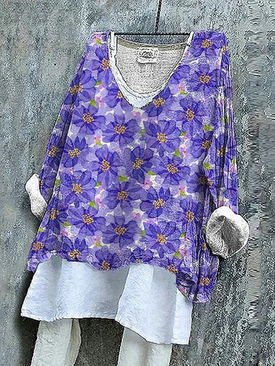 Women's Purple Floral Print Cotton Linen Casual Loose Long Sleeve Shirt