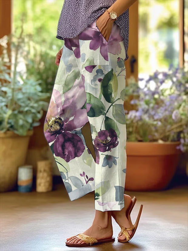 Women's Alzheimer's Awareness Purple Floral Print Cotton Linen Pants