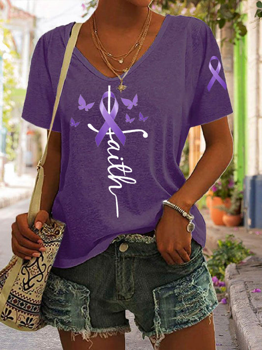 Women's Purple Ribbon Faith Alzheimer's Awareness Supporter V-Neck Tee