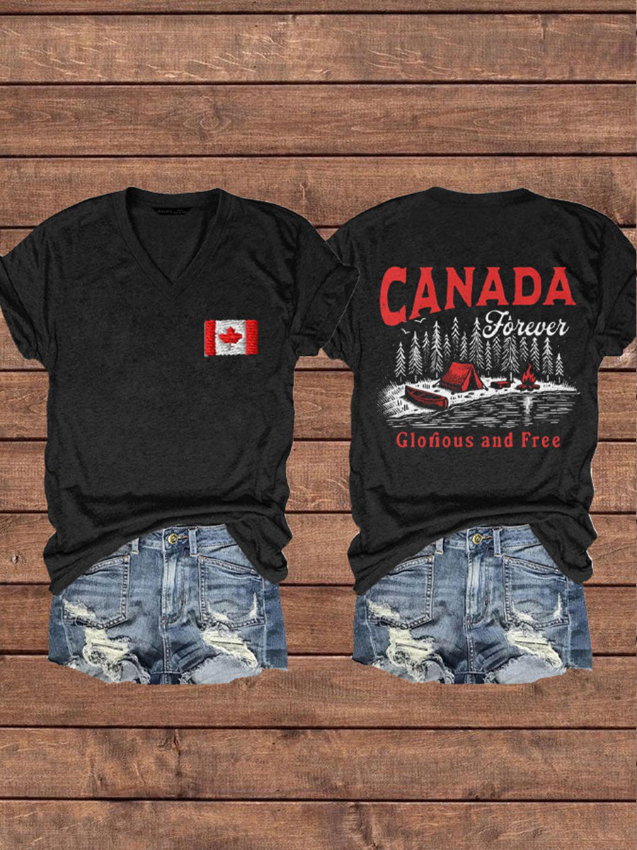 Women's Canada Gloruous And Free Printed V-neck Shirt