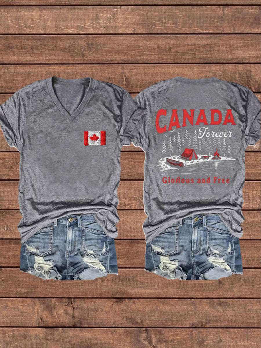 Women's Canada Gloruous And Free Printed V-neck Shirt