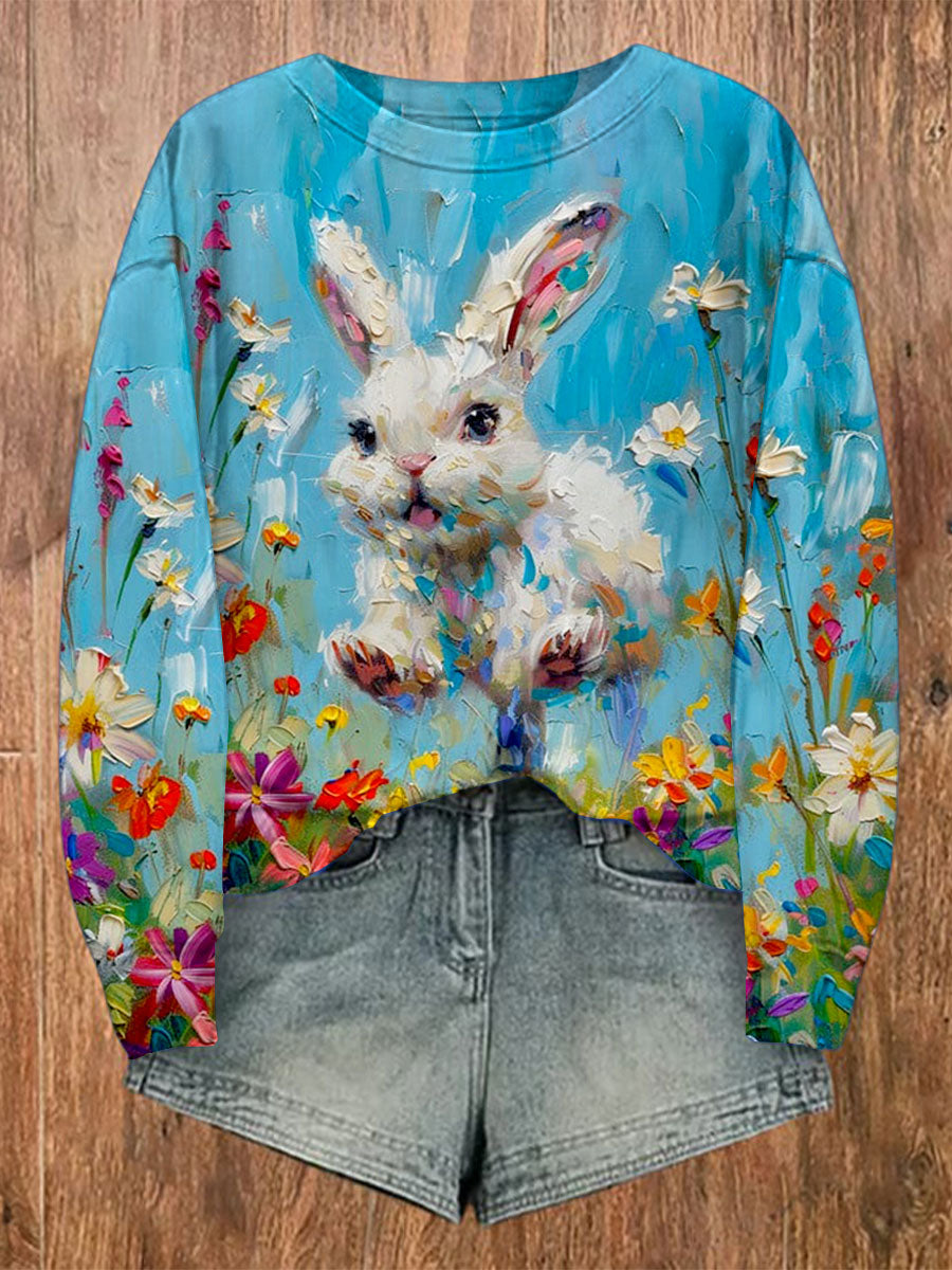 Women's Easter Bunny Floral Art Print Sweatshirt