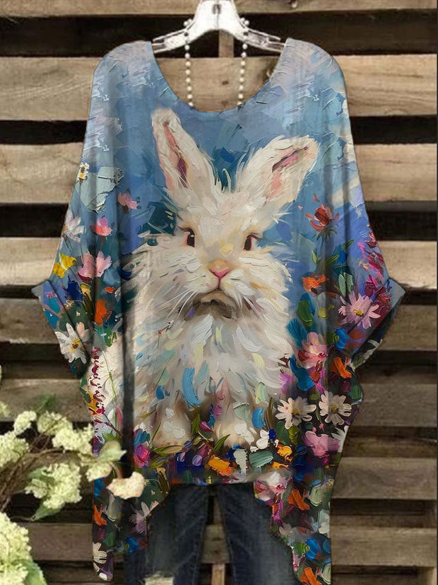 Women's Easter Floral Art Bunny Print Irregular Top