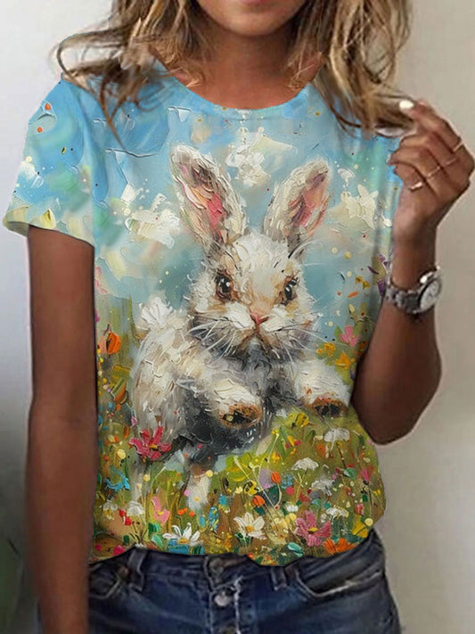 Women's Easter Bunny Floral Art Print T-Shirt