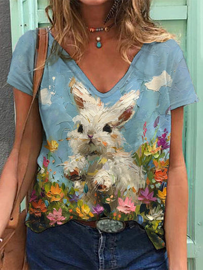 Women's Easter Bunny Floral Art Print T-Shirt