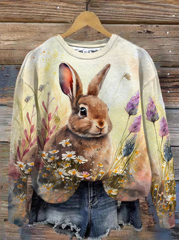 Women's Easter Bunny Floral Art Print Sweatshirt