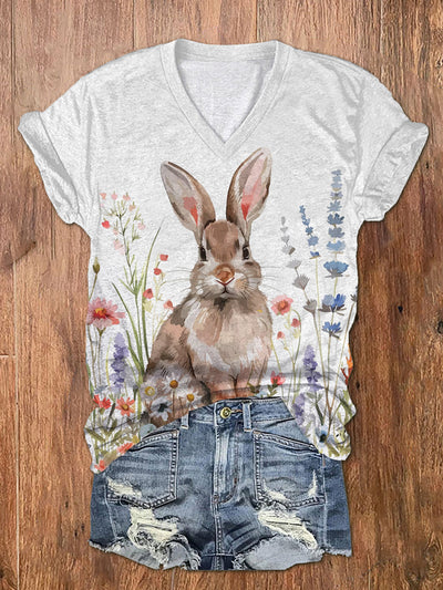 Women's Easter Bunny Floral Art Print T-Shirt