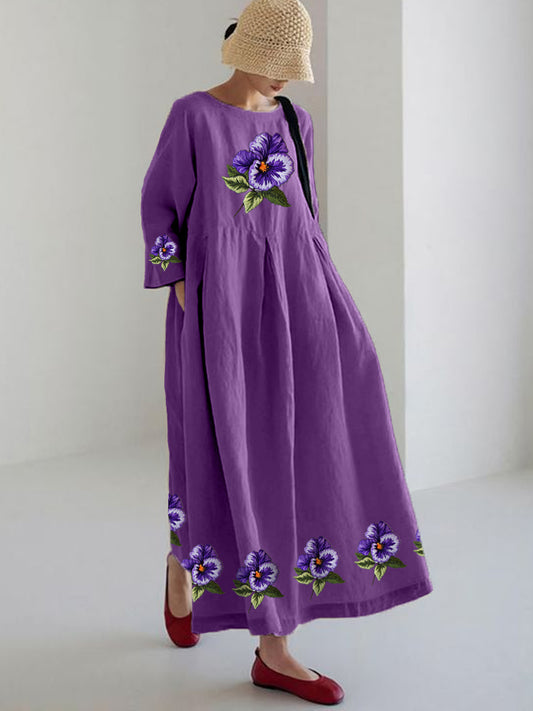 Women's Purple Pansy Print Alzheimer's Awareness Support Long Sleeve Dress