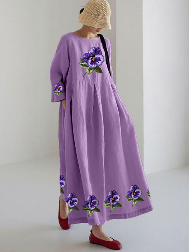 Women's Purple Pansy Print Alzheimer's Awareness Support Long Sleeve Dress