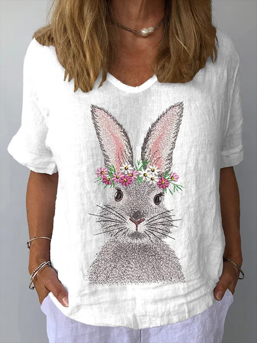 Women's Easter Bunny Print Casual V-Neck Cotton and Linen Top