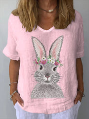 Women's Easter Bunny Print Casual V-Neck Cotton and Linen Top