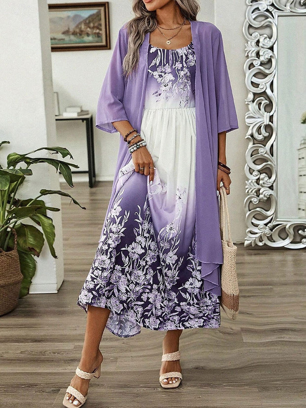 Women's Alzheimer's Awareness Purple Floral Printed Dress(Coat Not Included)