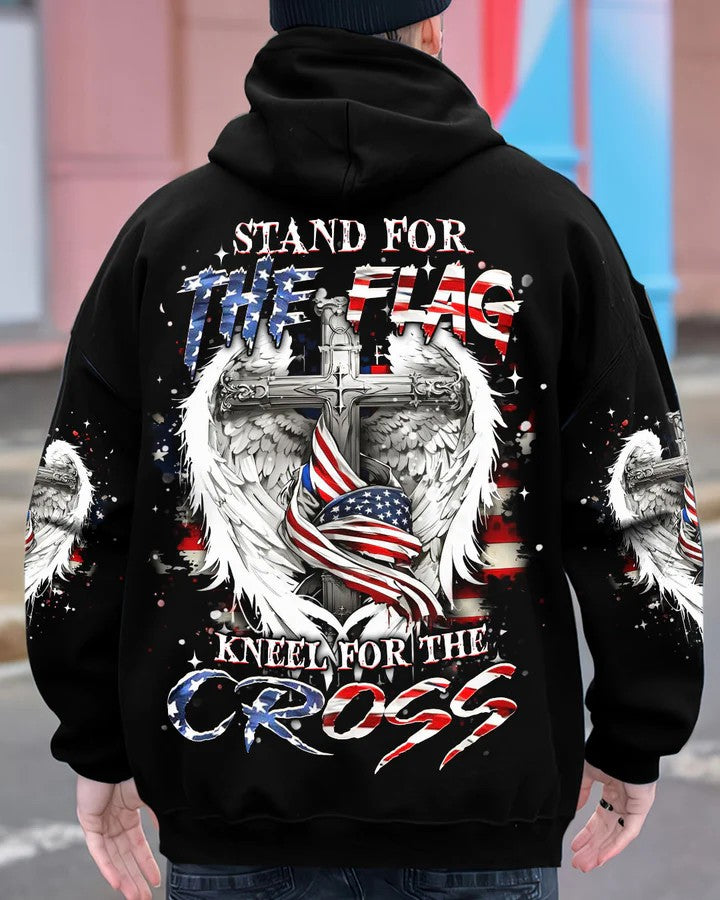 Men's Stand For The Flag Kneel For The Cross Printed Hoodie