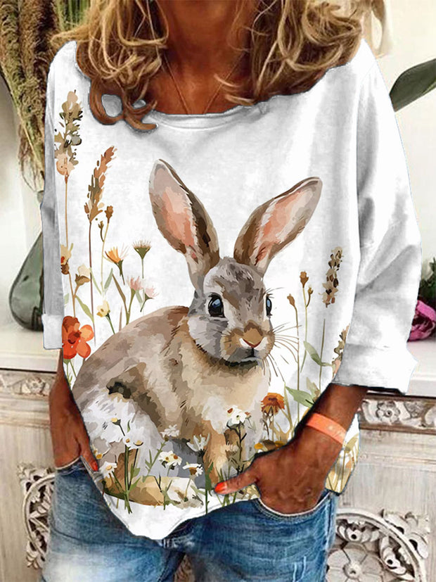 Women's Easter Bunny Floral Art Print T-Shirt