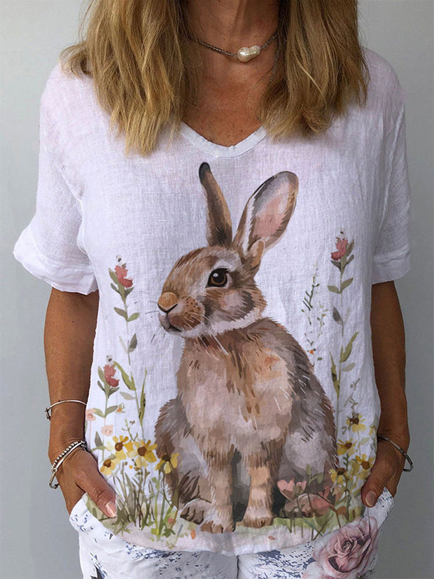 Women's Easter Bunny Floral Art Print T-Shirt