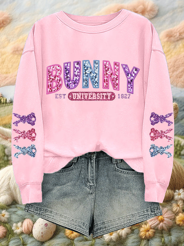 Women's Easter Glitter Bunny University Printed Sweatshirt