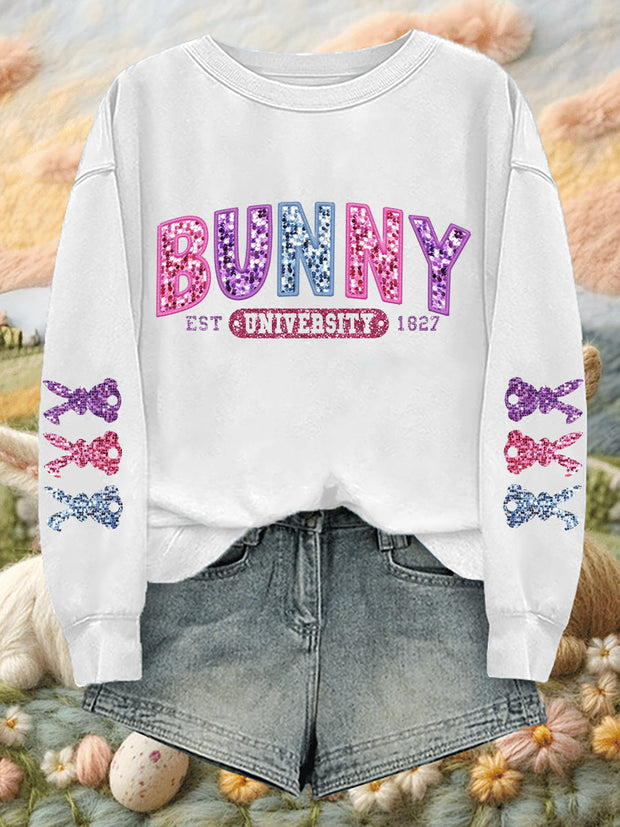 Women's Easter Glitter Bunny University Printed Sweatshirt