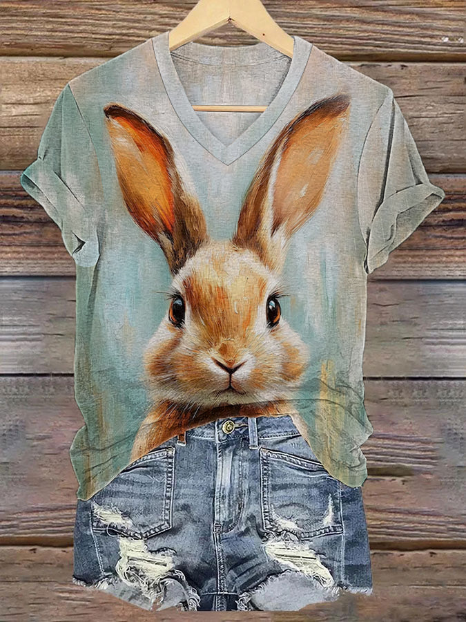 Women's Easter Bunny Print Casual V-Neck Short Sleeve T-Shirt