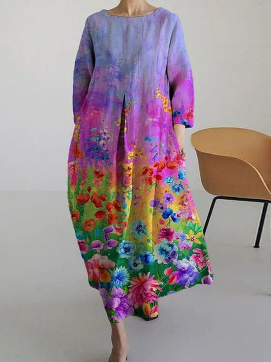 Women's Alzheimer's Awareness Purple Floral Print O-Neck Cotton Linen Maxi Dress