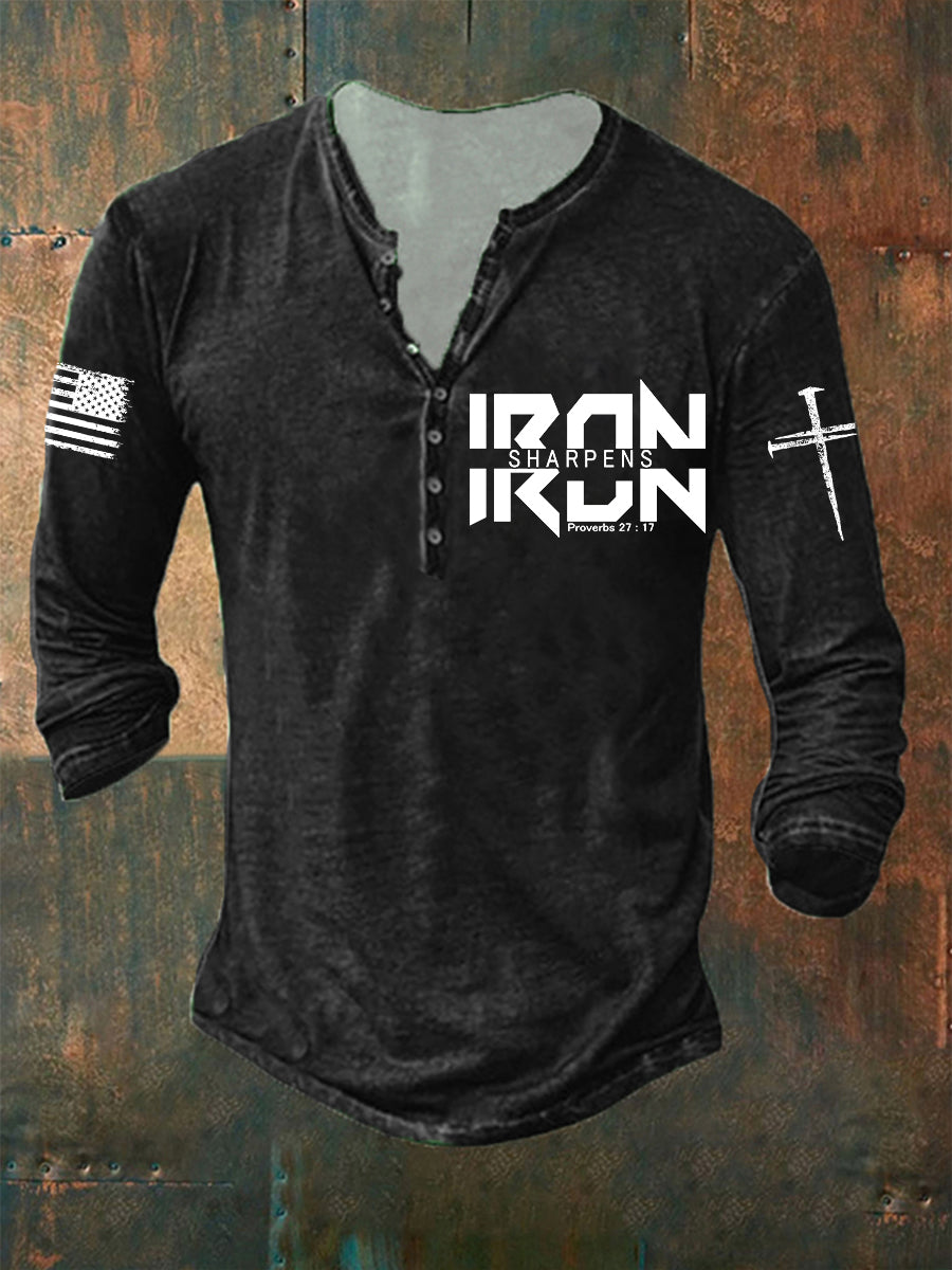 Men's IRON SHARPENS IRON Print Button Long Sleeve T-Shirt